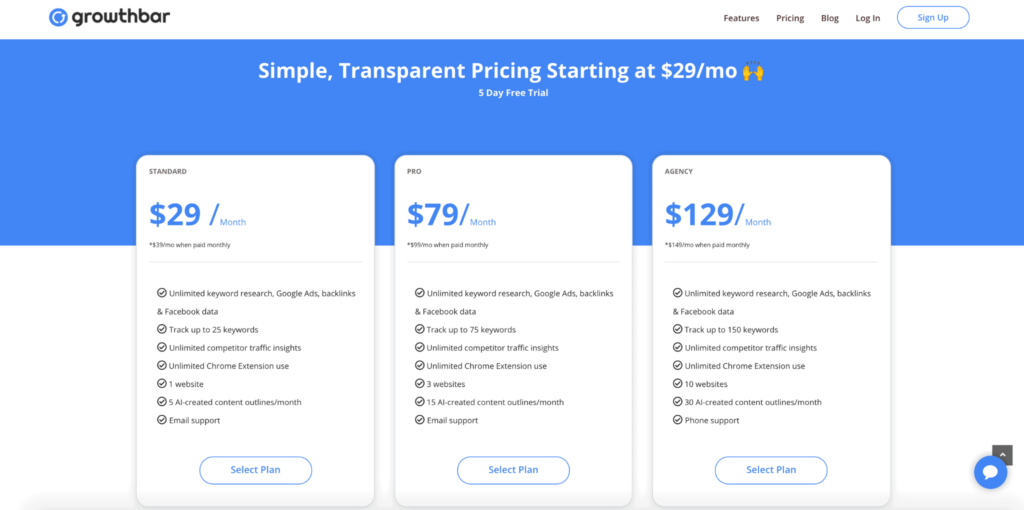 GrowthBar pricing